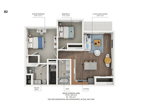 Floor plan for 2 beds, 2 baths, 850 sqft
